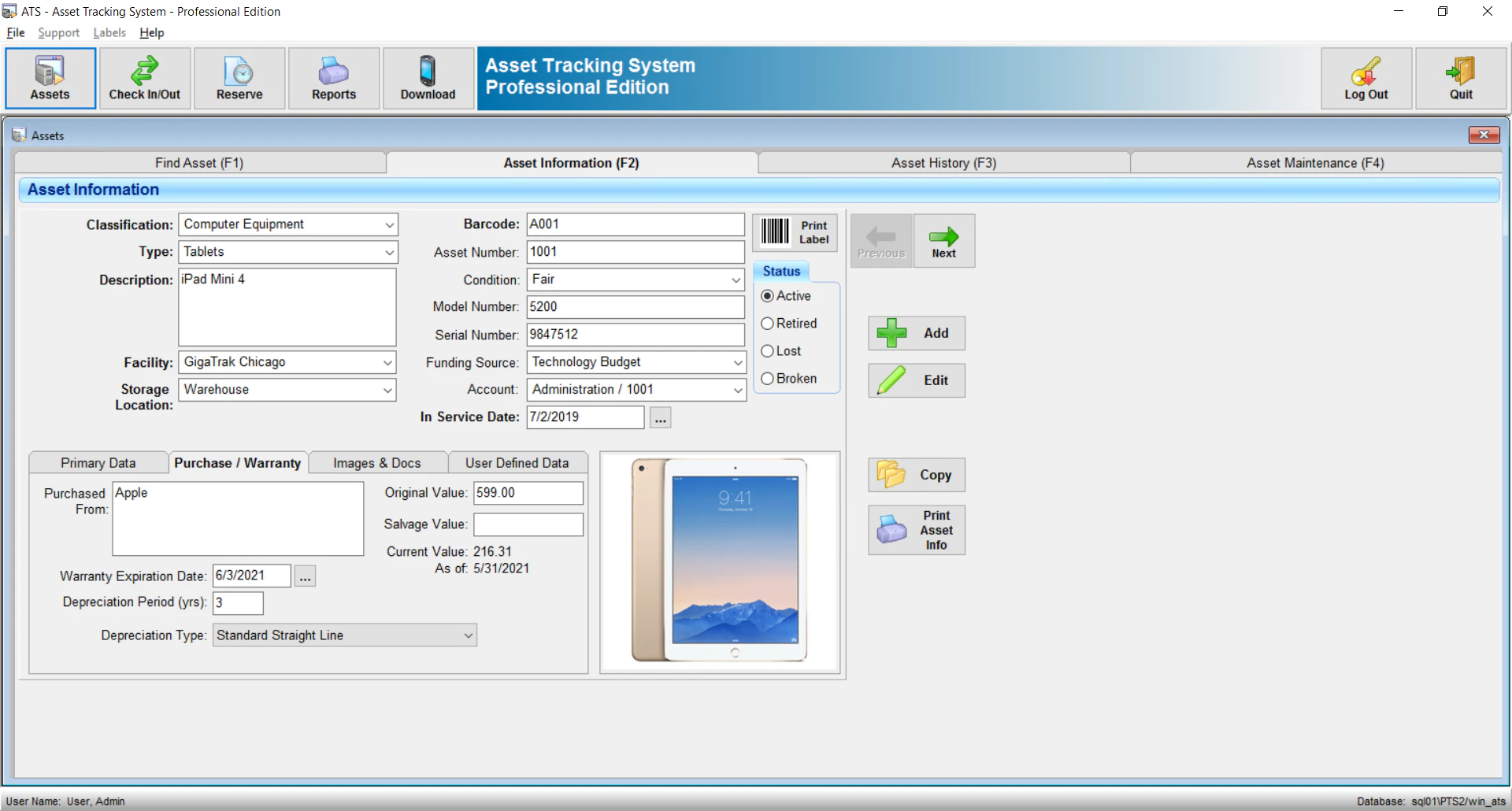 screenshot of GigaTrak Asset Tracking System